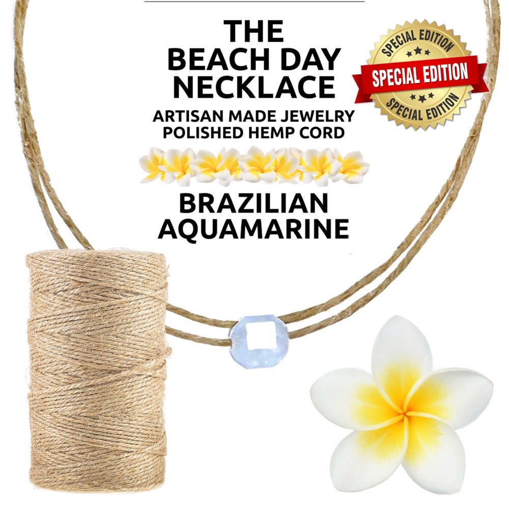 Island Sunset Artisan Beach Day Hemp Necklace-Brazilian Aquamarine Slider 8MM